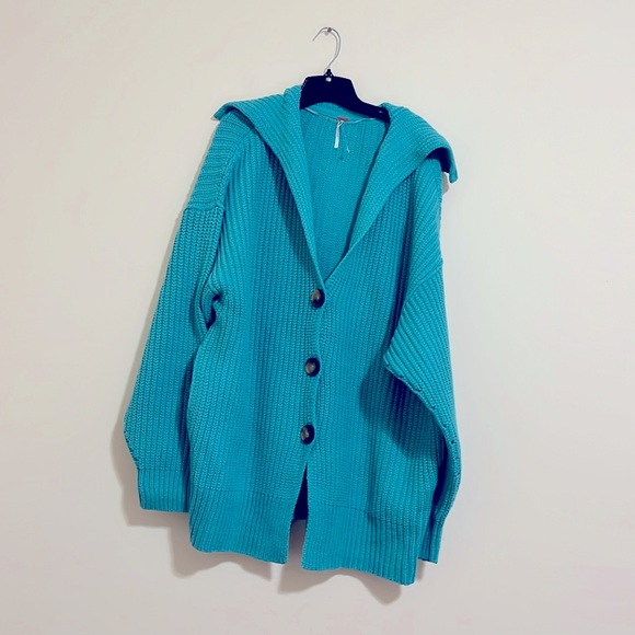 Free people Cardigan  Crochet Sweater size L Turquoise NWOT - Picture 3 of 13